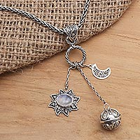 Rainbow moonstone harmony ball necklace, 'Moon Mother' - Silver and Rainbow Moonstone Balinese Harmony Ball Necklace
