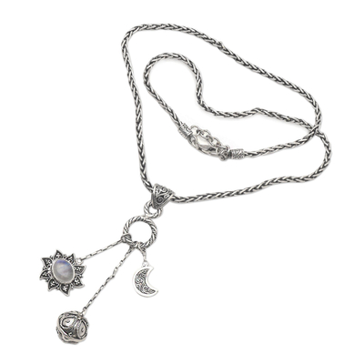 Rainbow moonstone harmony ball necklace, 'Moon Mother' - Silver and Rainbow Moonstone Balinese Harmony Ball Necklace