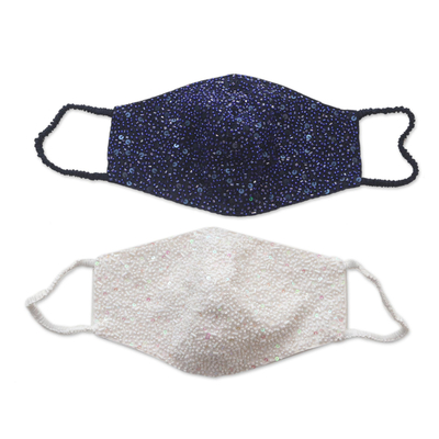 Beaded cotton face masks, 'Glamour and Sparkle' (pair) - 2 Hand Beaded Cotton Contoured Face Masks in White and Blue