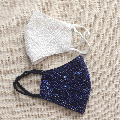 Beaded cotton face masks, 'Glamour and Sparkle' (pair) - 2 Hand Beaded Cotton Contoured Face Masks in White and Blue