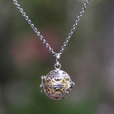 Sterling silver harmony ball necklace, 'Love Locket' - Handmade Heart Theme Silver and Brass Harmony Ball Necklace