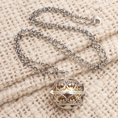 Sterling silver harmony ball necklace, 'Love Locket' - Handmade Heart Theme Silver and Brass Harmony Ball Necklace
