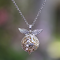 Sterling silver harmony ball necklace, 'Wings of an Angel'