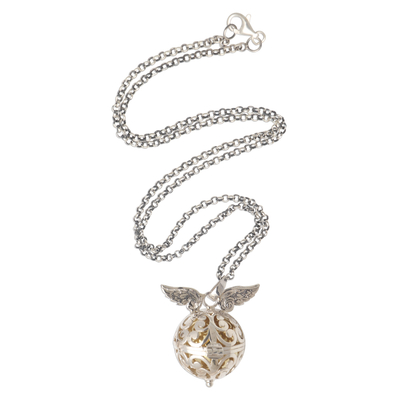 Sterling silver harmony ball necklace, 'Wings of an Angel' - Handmade Angel Wing Sterling Silver Harmony Ball Necklace