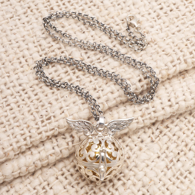 Sterling silver harmony ball necklace, 'Wings of an Angel' - Handmade Angel Wing Sterling Silver Harmony Ball Necklace