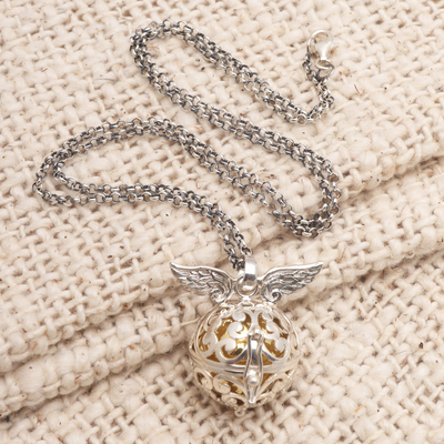 Collar bola armonía en plata de primera ley - Collar de bola armonía de plata de ley con alas de ángel hecho a mano