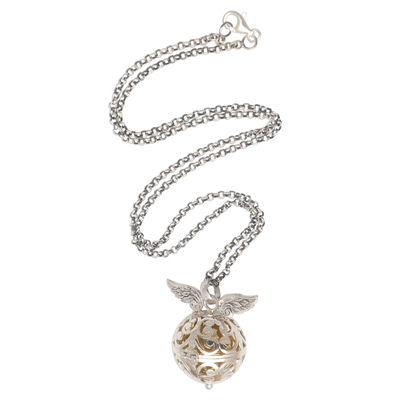 Harmonie-Kugel-Halskette aus Sterlingsilber - Handgefertigte Harmonie-Kugel-Halskette aus Sterlingsilber mit Engelsflügeln