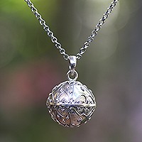 Sterling silver harmony ball necklace, 'Message of Love' - Balinese Silver Heart Motif Amulet Harmony Ball Necklace