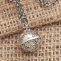 Sterling silver harmony ball necklace, 'Delighted Daisies' - Sterling Silver Daisy Theme Harmony Ball Necklace (18 in)