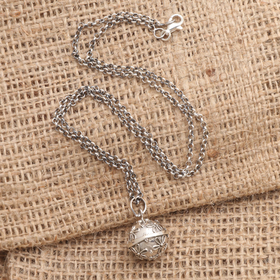 Sterling silver harmony ball necklace, 'Delighted Daisies' - Sterling Silver Daisy Theme Harmony Ball Necklace (18 in)
