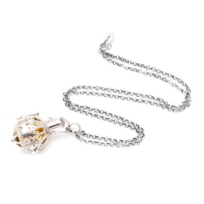 Mondstein-Harmonie-Kugel-Halskette - Harmoniekugel-Halskette aus Silber und Mondstein mit Messing