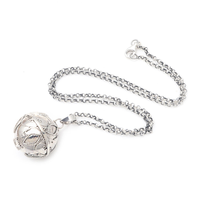 Sterling silver harmony ball necklace, 'Leaves of Life' - Balinese Silver Harmony Ball Necklace with Leaf Motifs