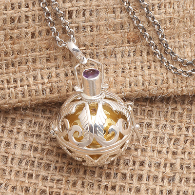 Amethyst harmony ball long necklace, 'Angelic Guardian' - Silver and Amethyst Harmony Ball Necklace with Brass