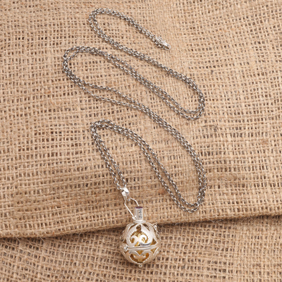 Amethyst harmony ball long necklace, 'Angelic Guardian' - Silver and Amethyst Harmony Ball Necklace with Brass