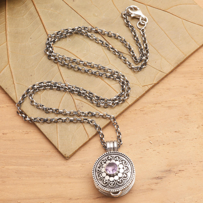 Amethyst locket pendant necklace, 'Gianyar Grace' - Amethyst and Sterling Silver Locket Pendant Necklace