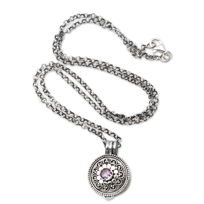 Amethyst locket pendant necklace, 'Gianyar Grace' - Amethyst and Sterling Silver Locket Pendant Necklace