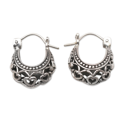 Sterling silver hoop earrings, 'Romantic Mood' - Heart Motif Sterling Silver Hoop Earrings