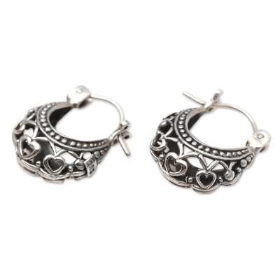 Sterling silver hoop earrings, 'Romantic Mood' - Heart Motif Sterling Silver Hoop Earrings