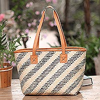 Leather accent rattan shoulder bag, 'Diagonal Style' - Handwoven Black & Cream Rattan Handbag with Brown Leather
