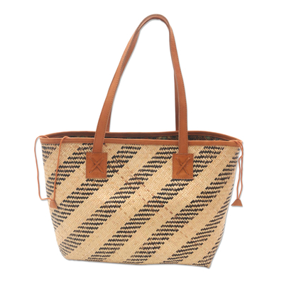Handwoven Beige Rattan Sling Bag with Tan Leather Trim