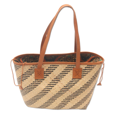 Leather accent rattan shoulder bag, 'Diagonal Style' - Handwoven Black & Cream Rattan Handbag with Brown Leather