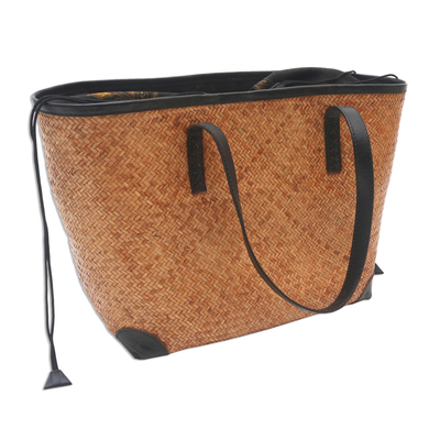 Leather accent rattan shoulder bag, 'Classic Contrast' - Handwoven Brown Rattan Handbag with Black Leather