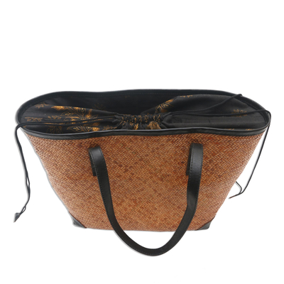 Bolso de hombro de ratán con detalle de cuero - Bolso de mimbre marrón tejido a mano con cuero negro