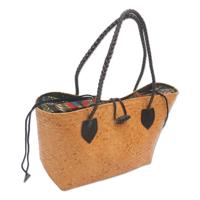 Leather accent rattan handle handbag, 'Black Summer Braids' - Handwoven Rattan Handbag with Black Leather Accents