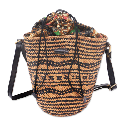 Leather accent rattan sling bag, 'Tan Kalimantan' - Handwoven Leather Accent Black Trim Tan Rattan Sling Bag