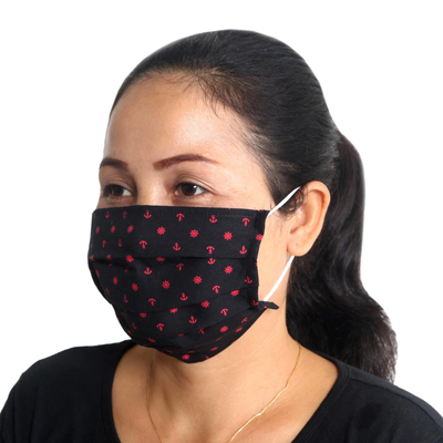 Gesichtsmasken aus Baumwolle, (3er-Set) - 3 einlagige Baumwoll-Gesichtsmasken mit elastischem Schlaufenmuster und nautischem Aufdruck