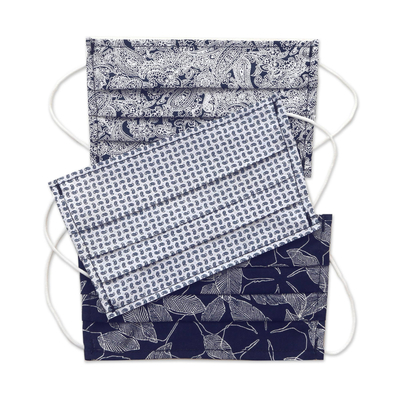 Mascarillas de algodón, (juego de 3) - 3 mascarillas faciales de lazo elástico con estampado de algodón azul marino de una sola capa