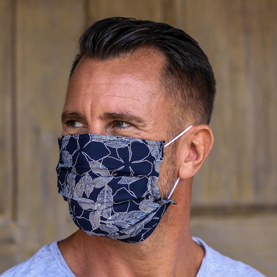 Cotton face masks, 'Island Breeze' (set of 3) - 3 Single Layer Navy Cotton Print Elastic Loop Face Masks