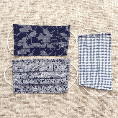 Gesichtsmasken aus Baumwolle, (3er-Set) - 3 einlagige Gesichtsmasken mit elastischem Schlaufenmuster aus marineblauer Baumwolle