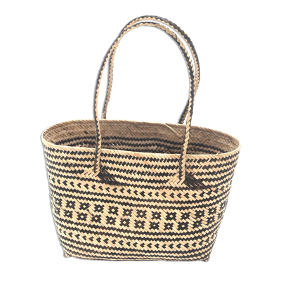 Rattan lunch tote, 'Intricate Black and Cream' - Handwoven Geometric Black & Cream Rattan Lunch Tote