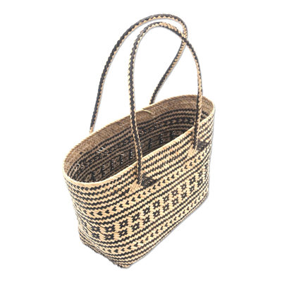Rattan lunch tote, 'Intricate Black and Cream' - Handwoven Geometric Black & Cream Rattan Lunch Tote