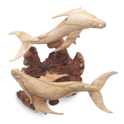 Wood sculpture, 'Grey Whale Couple' - Unique Hand Carved Wood Whale Sculpture