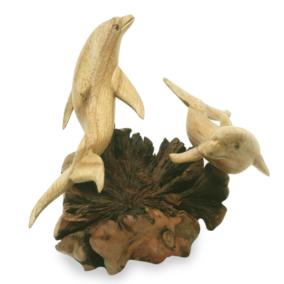 Wood sculpture, 'Twin Dolphins' - Artisan Hand Carved Wood Dolphin Sculpture