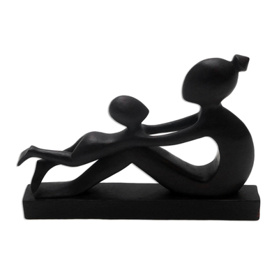 Wood sculpture, 'Shape of Love' - Suar Wood Mother and Child Sculpture