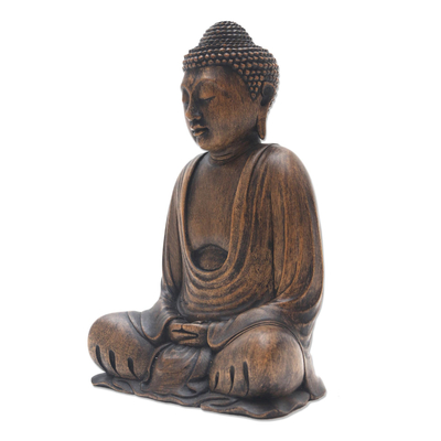 Holzskulptur, „Buddha Dhyana Mudra“ – balinesischer Holzbuddha in Meditationsskulptur