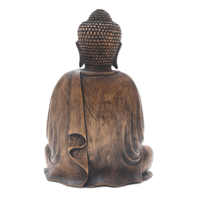 Holzskulptur, „Buddha Dhyana Mudra“ – balinesischer Holzbuddha in Meditationsskulptur