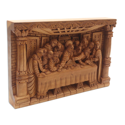 Wood relief panel, 'The Last Supper' - Last Supper Carved Acacia Wood Relief Panel