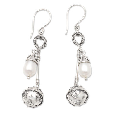 Cultured pearl harmony ball dangle earrings, 'Angel Chimes' - Sterling Silver and Cultured Pearl Harmony Ball Earrings