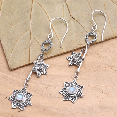 Rainbow moonstone dangle earrings, 'Starflowers' - Sterling and Rainbow Moonstone Dangle Earrings