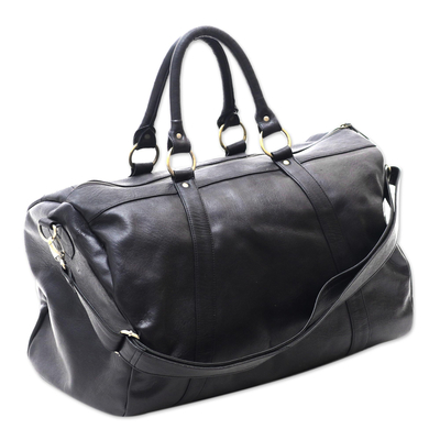 Leather travel bag, 'Minggat in Black' - Black Leather Travel Bag with Zipper from Indonesia