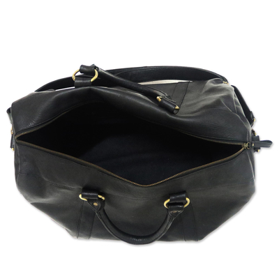 Leather travel bag, 'Minggat in Black' - Black Leather Travel Bag with Zipper from Indonesia