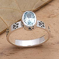 Faceted Blue Topaz Sterling Silver Ring with Pawprint Motif,'Pawprints'