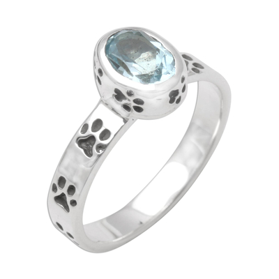 Blauer Topas-Einzelsteinring - Ring aus Sterlingsilber mit facettiertem Blautopas und Pfotenabdruckmotiv