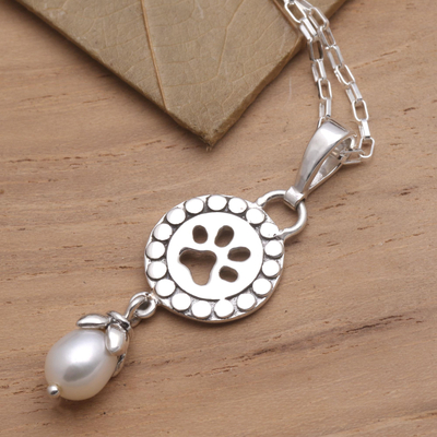 Cultured pearl pendant necklace, 'Pawprint Memories' - Freshwater Pearl Sterling Silver Pawprint Pendant Necklace