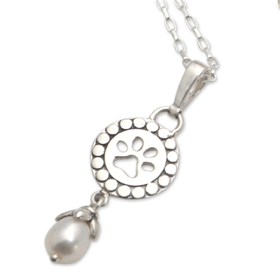 Cultured pearl pendant necklace, 'Pawprint Memories' - Freshwater Pearl Sterling Silver Pawprint Pendant Necklace