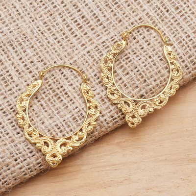 Gold plated hoop earrings, Ornate Waves